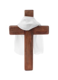 Wooden cross and cloth on white background. Easter attributes