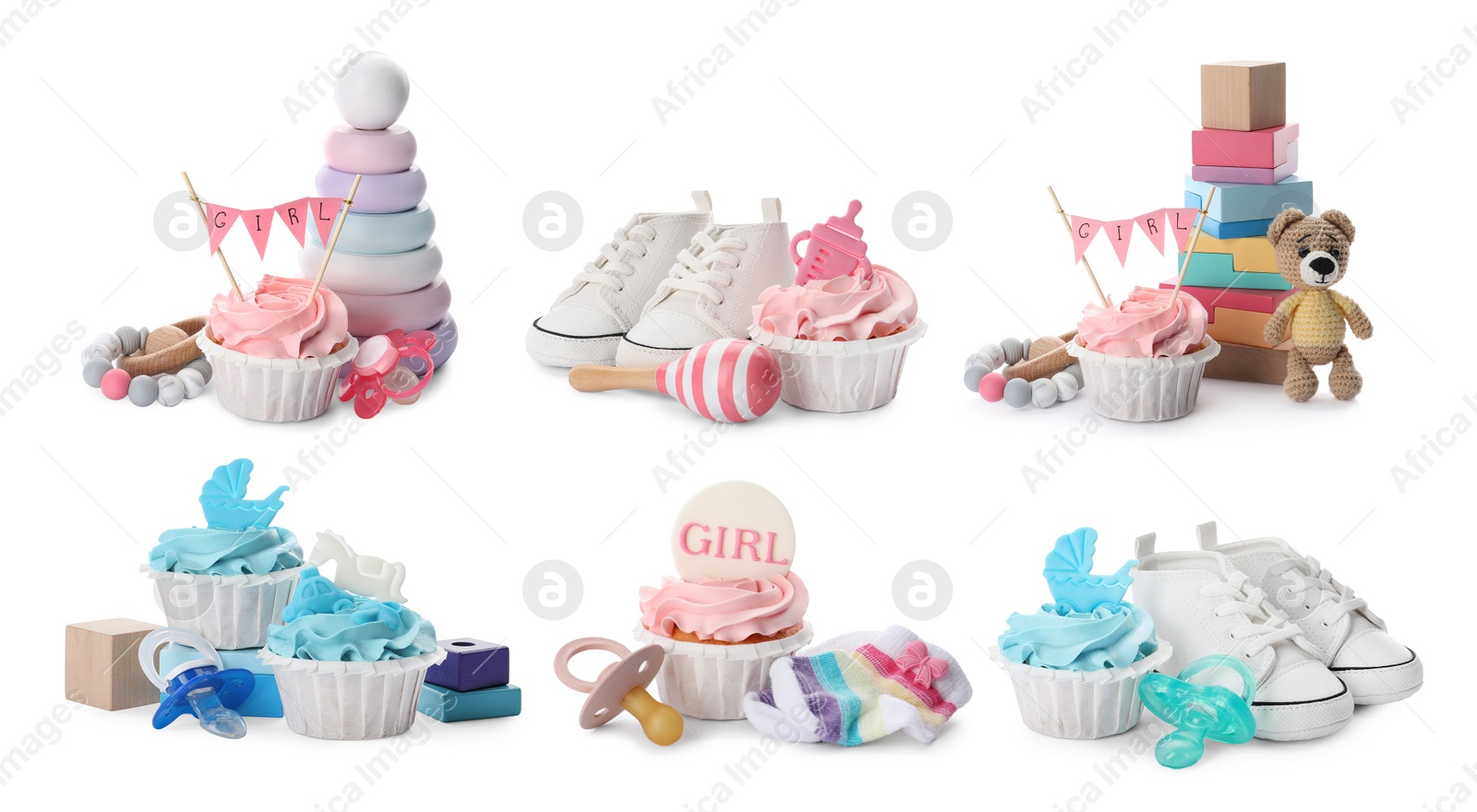 Image of Set with decorated baby shower cupcakes and different accessories on white background