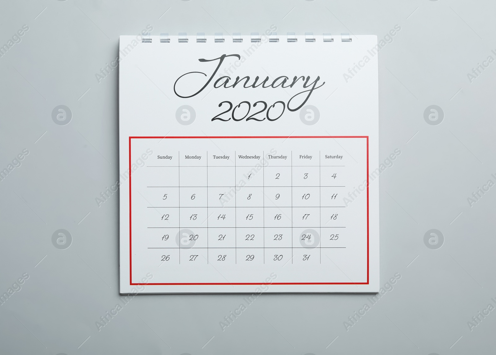 Photo of January 2020 calendar on light grey background, top view