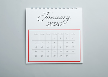 Photo of January 2020 calendar on light grey background, top view