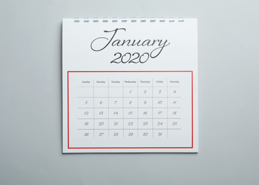 January 2020 calendar on light grey background, top view