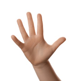 Photo of Little child against white background, closeup on hand