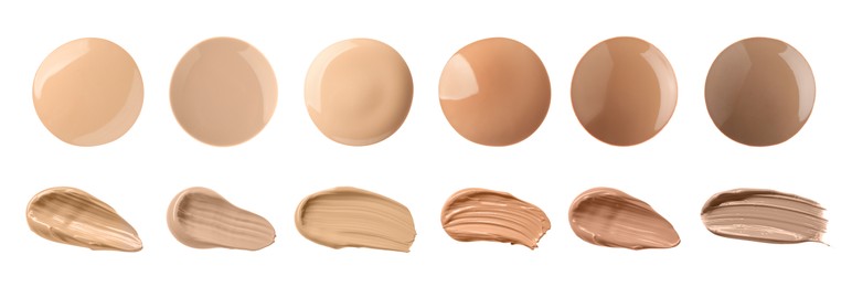 Image of Set with different shades of liquid skin foundation on white background, top view. Banner design
