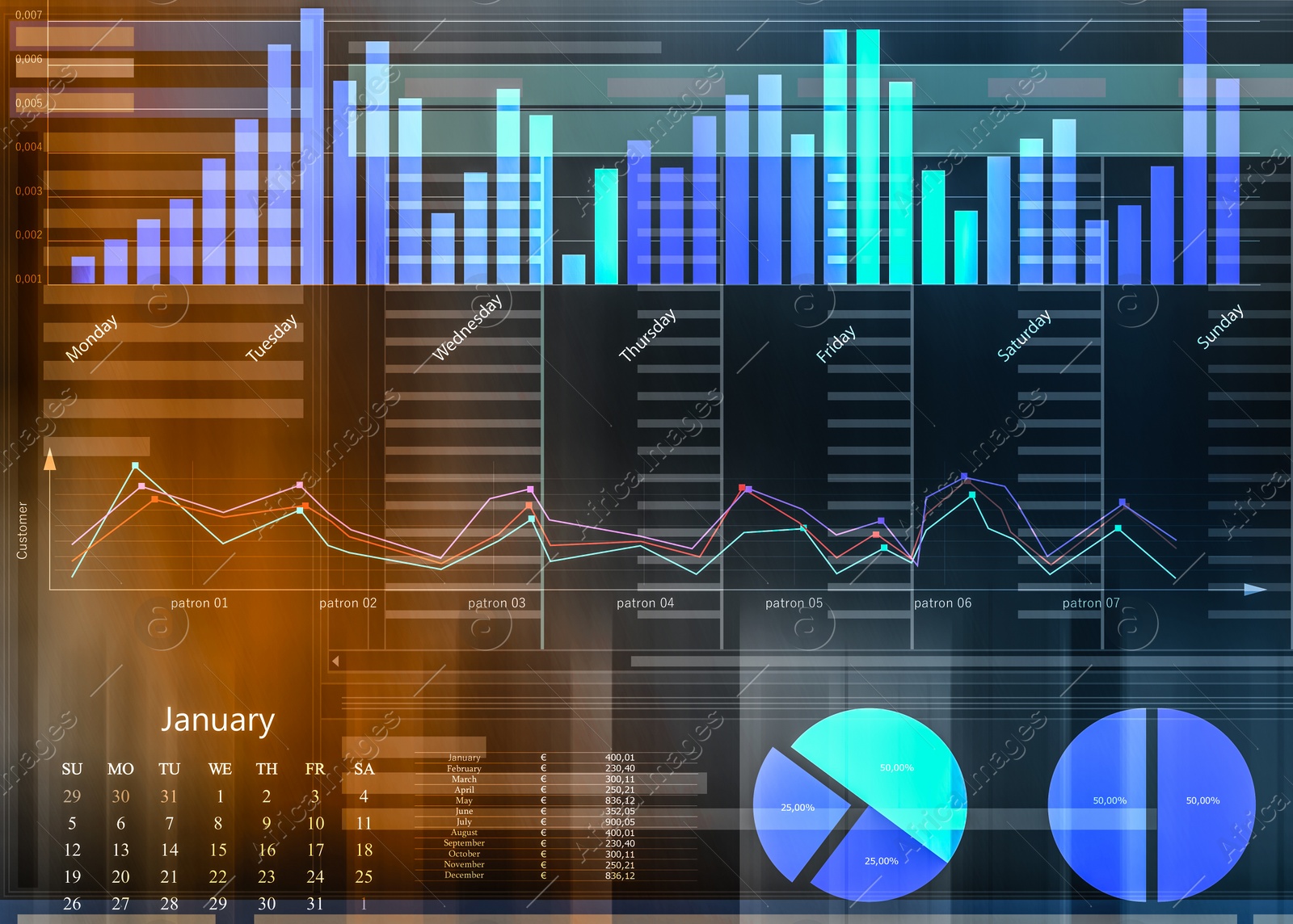 Illustration of Finance trading concept. Digital charts with statistic information