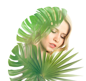 Beautiful woman and tropical leaves on white background. Double exposure