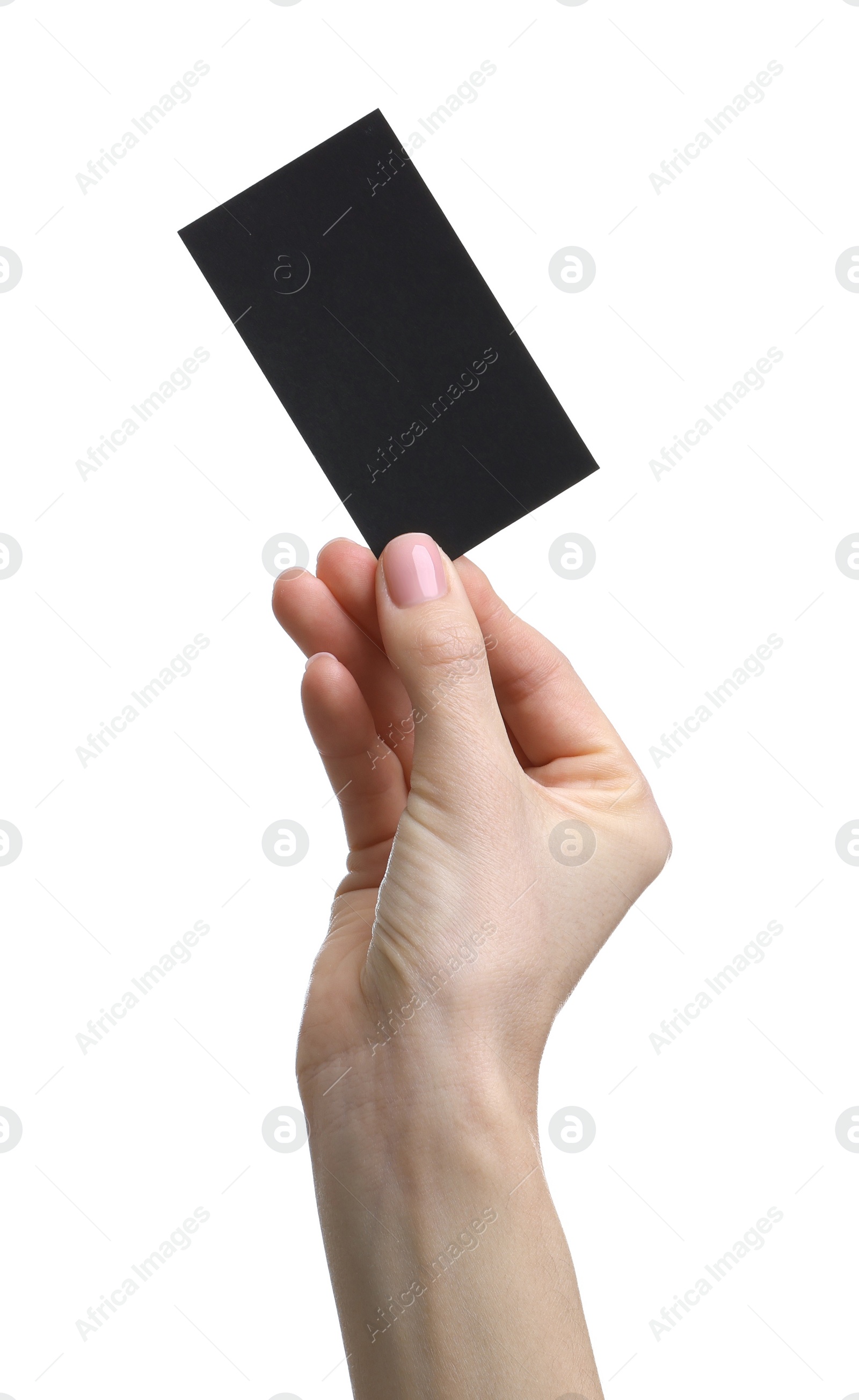 Photo of Woman holding blank business card on white background, closeup. Space for text