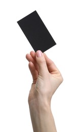 Woman holding blank business card on white background, closeup. Space for text