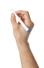 Photo of Man holding color marker on white background, closeup