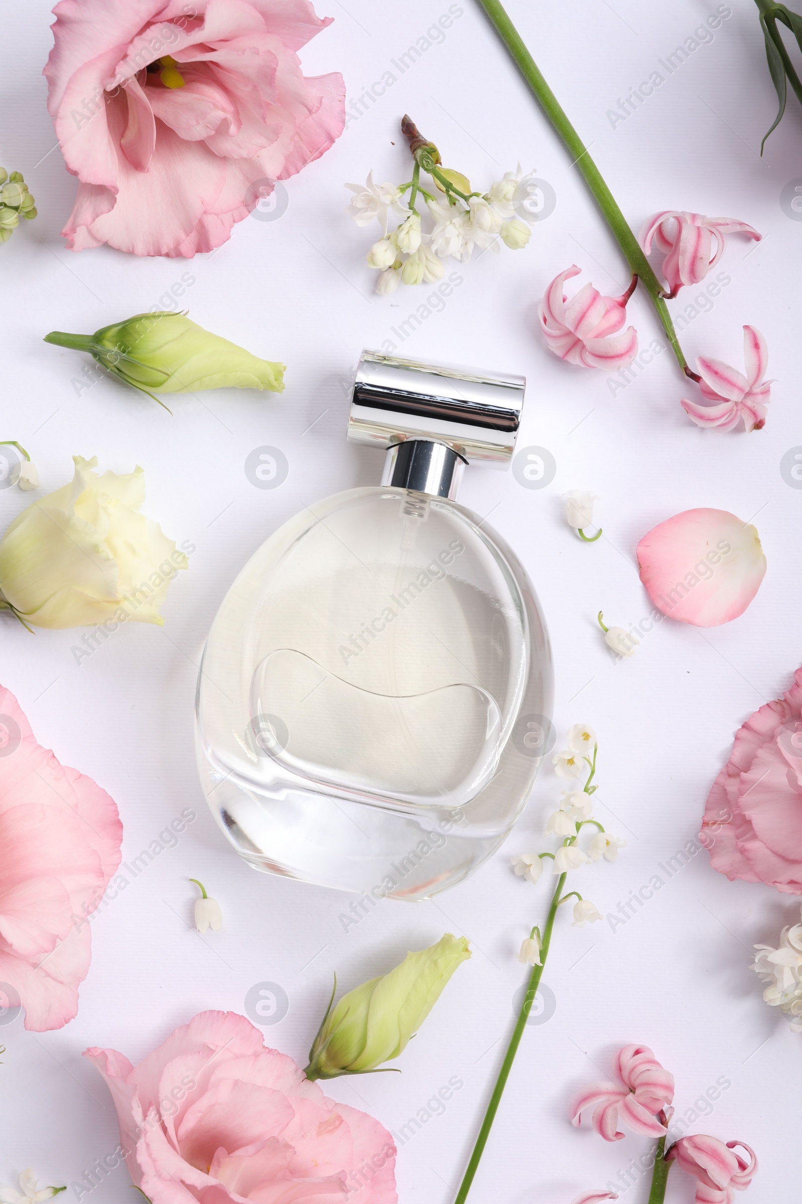 Photo of Luxury perfume and floral decor on white background, flat lay