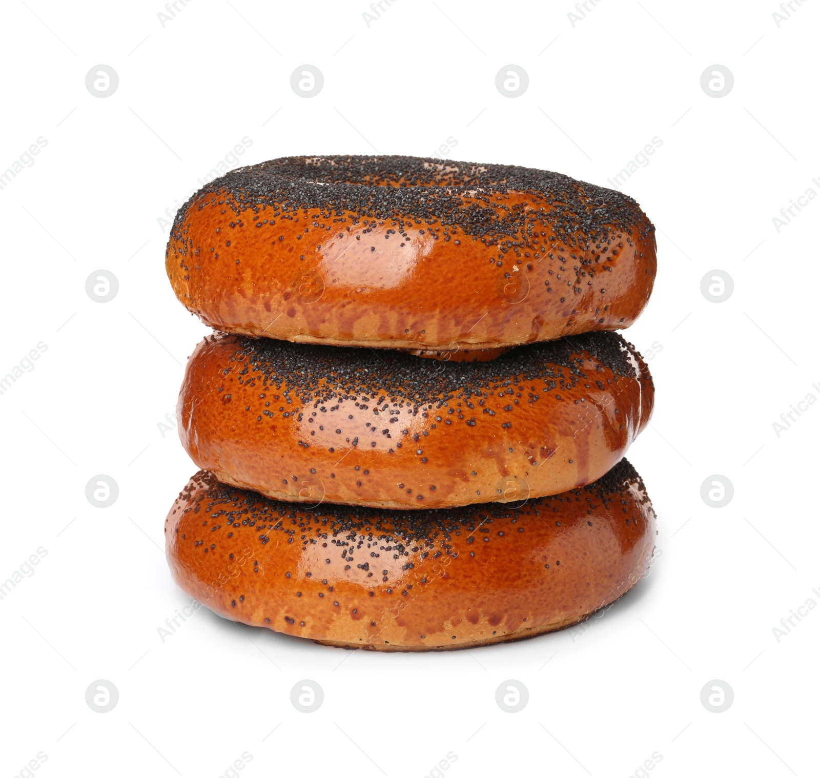 Photo of Delicious fresh bagels with poppy seeds isolated on white