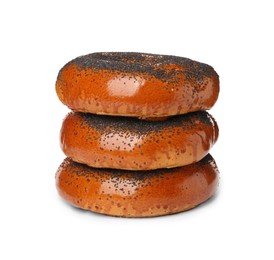 Delicious fresh bagels with poppy seeds isolated on white