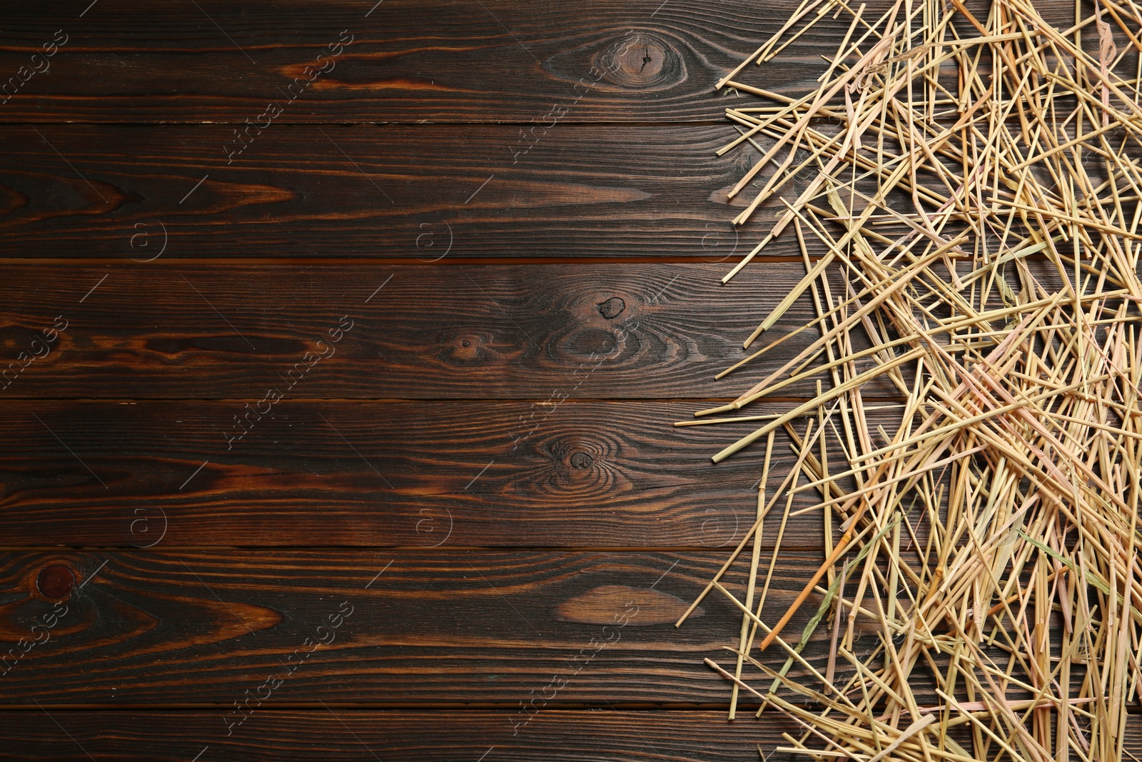 Photo of Dried hay on wooden background, flat lay. Space for text