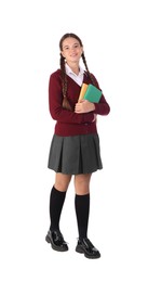Teenage girl in school uniform with books on white background