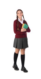 Photo of Teenage girl in school uniform with books on white background