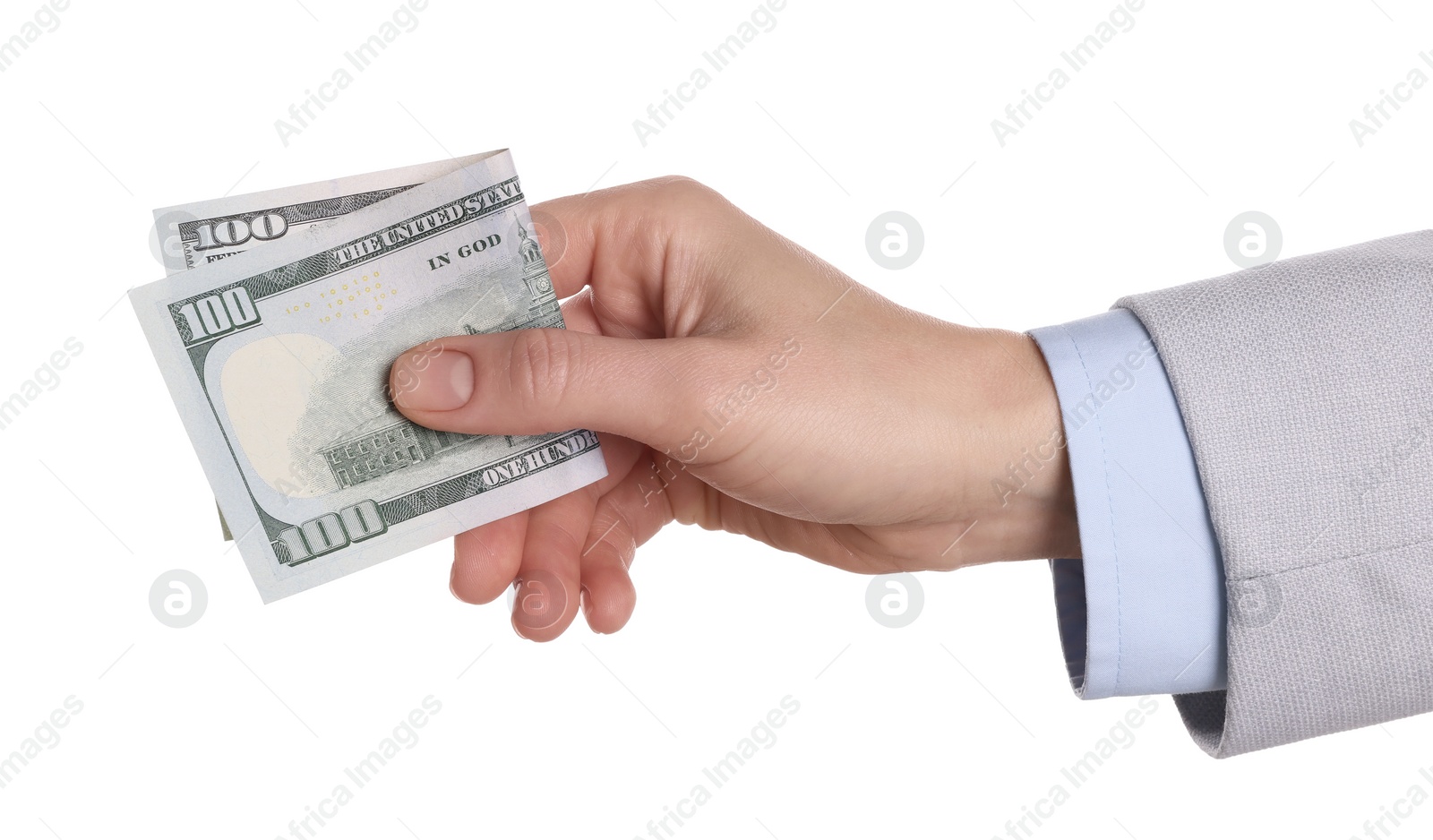 Photo of Money exchange. Woman holding dollar banknote on white background, closeup