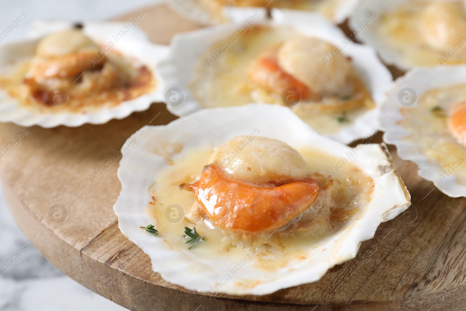 Photo of Fried scallops in shells on table, closeup