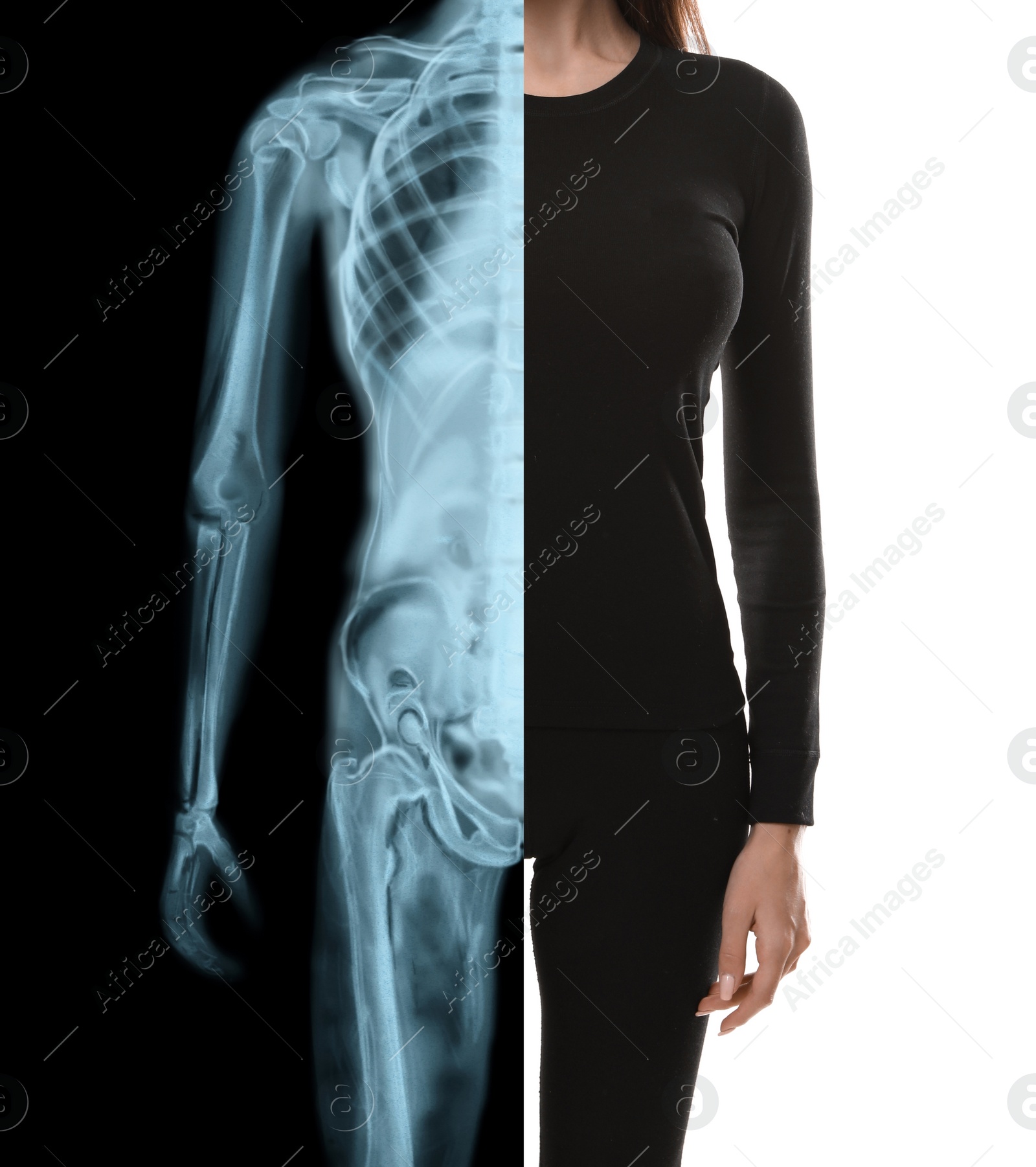 Image of Woman in black clothes, half x-ray photograph. Medical check