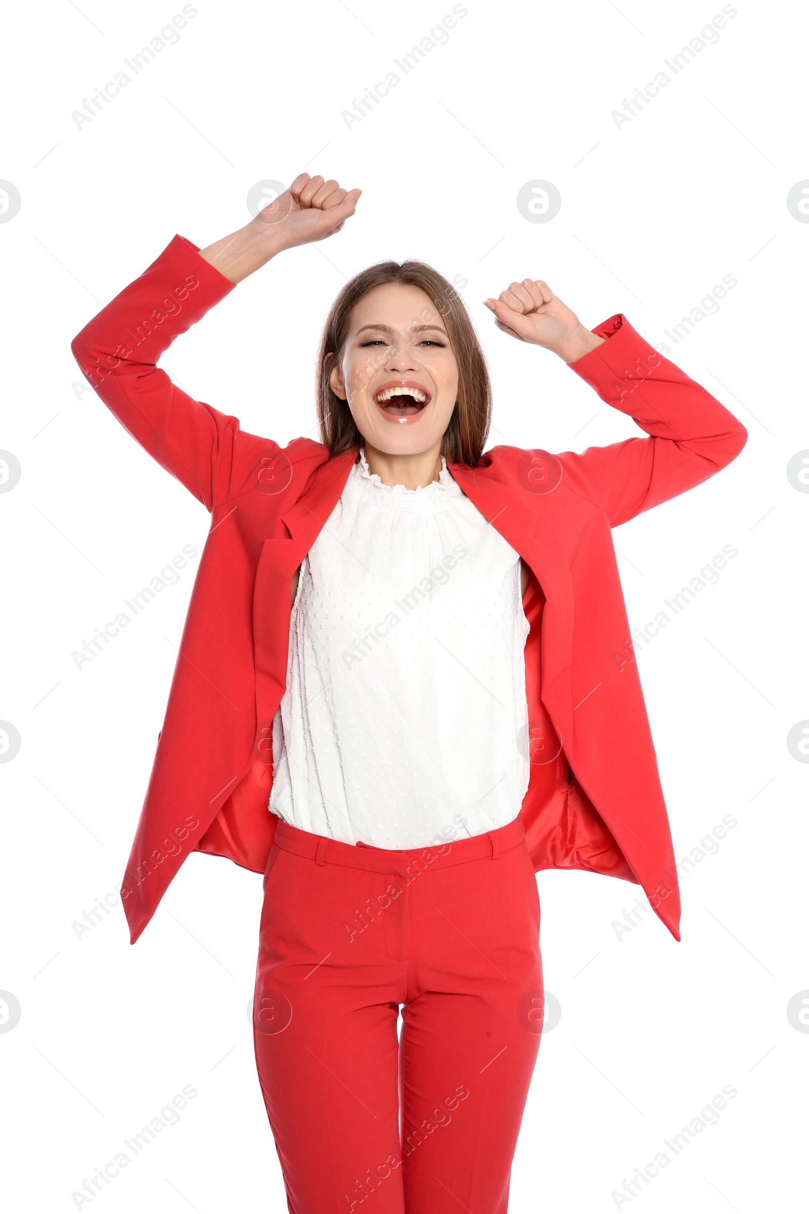 Photo of Young businesswoman celebrating victory on white background