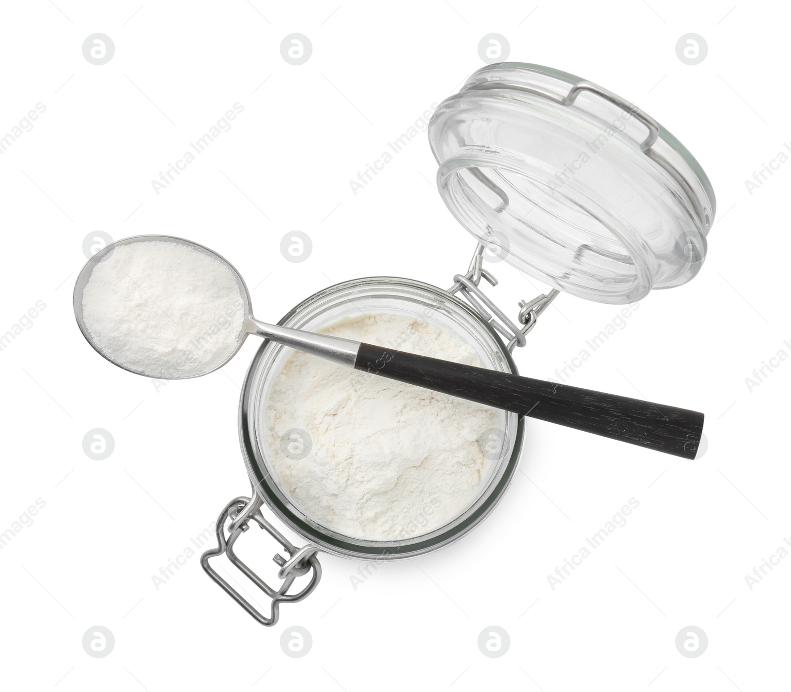 Photo of Baking powder in glass jar and spoon isolated on white, top view