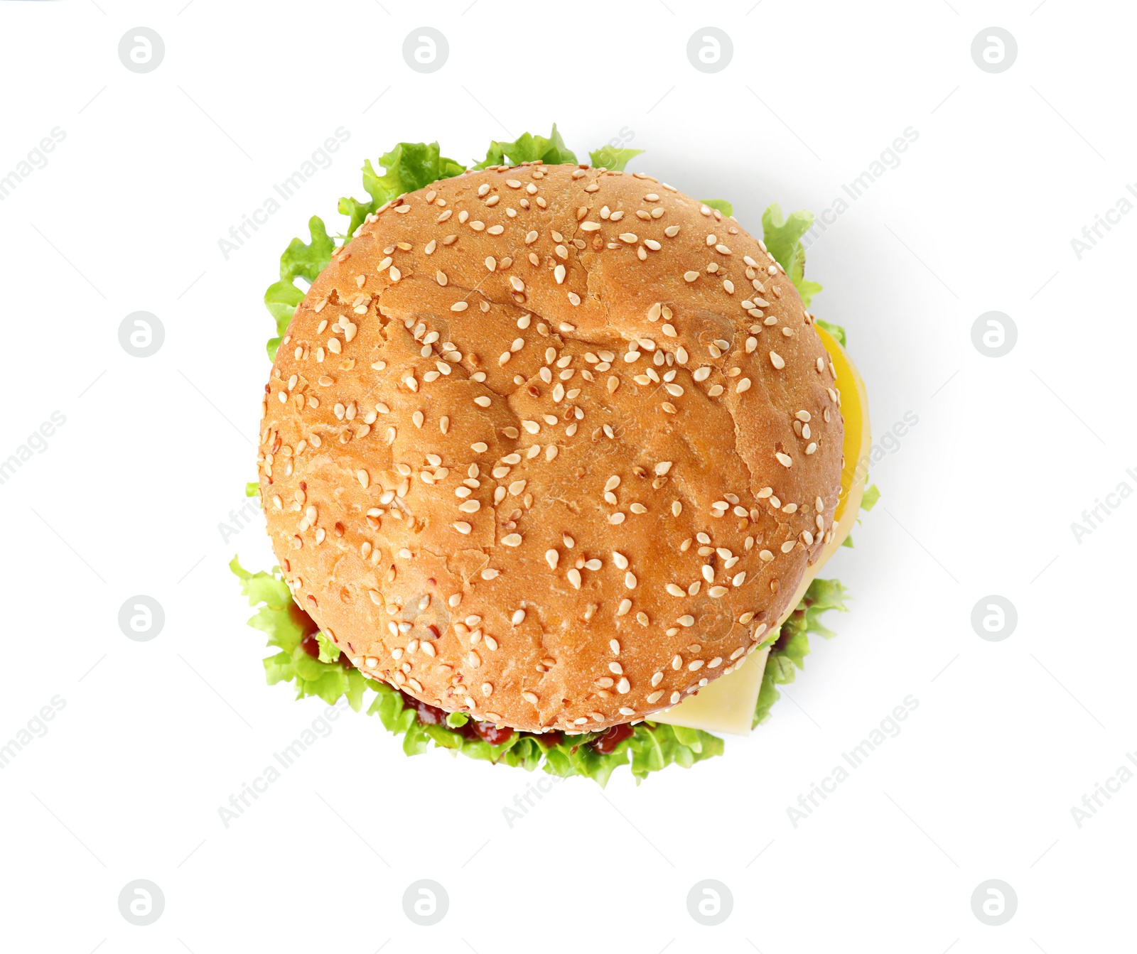 Photo of Tasty fresh burger isolated on white, top view