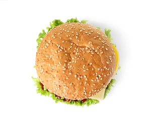 Photo of Tasty fresh burger isolated on white, top view