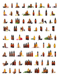 Image of Set with bottles of different essential oils on white background