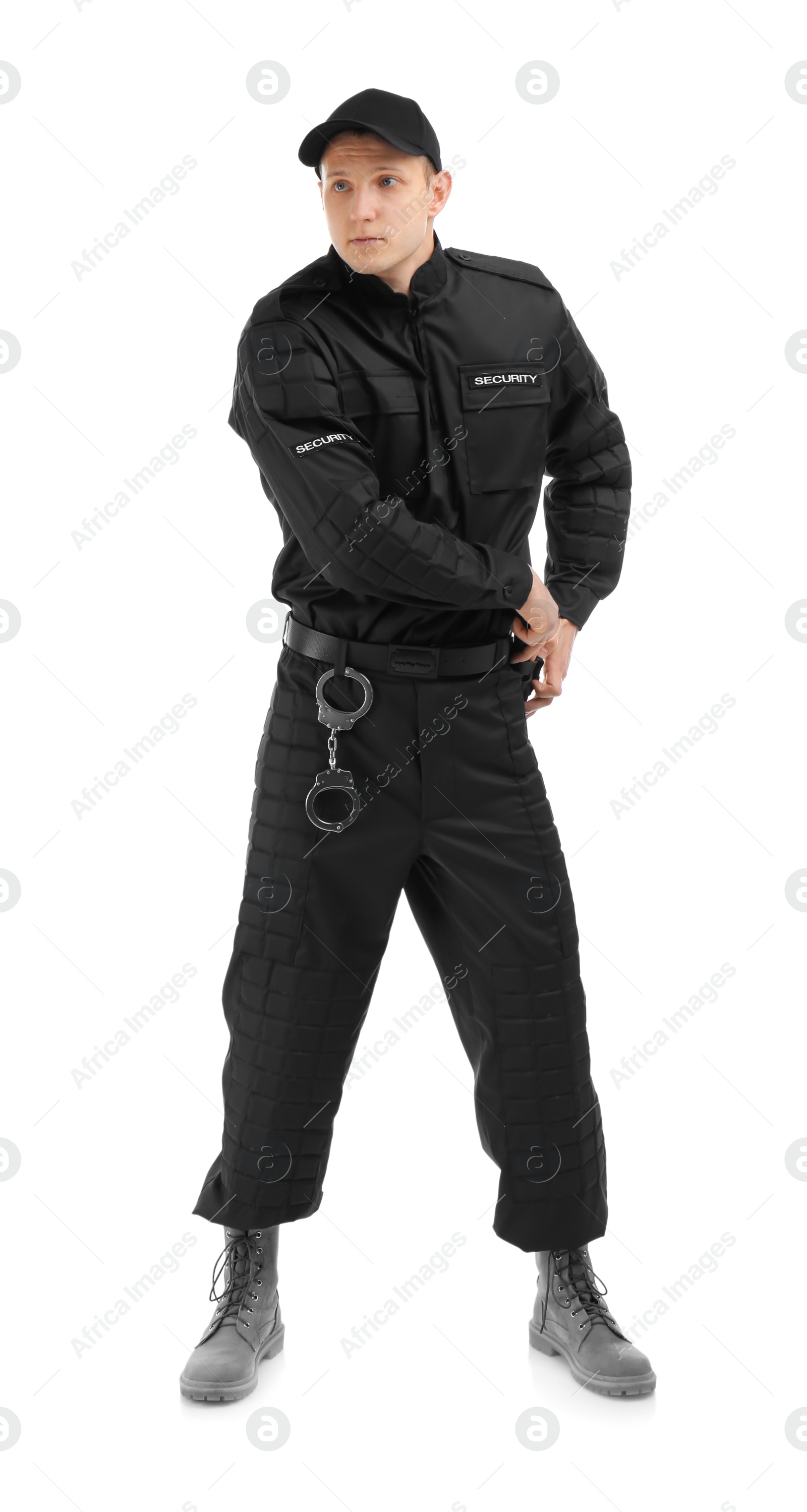 Photo of Male security guard with police baton on white background