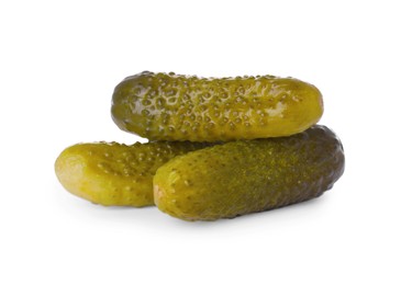 Photo of Tasty crunchy pickled cucumbers on white background