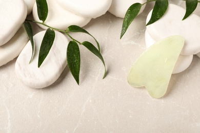 Jade gua sha tool, green branches and spa stones on grey table