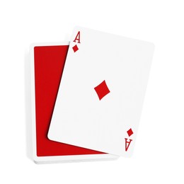Photo of Playing cards and ace of diamonds on white background, top view