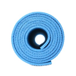 Photo of Rolled light blue camping mat isolated on white