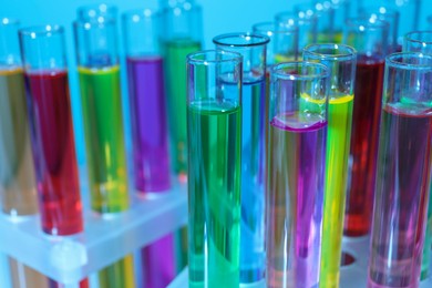 Photo of Many test tubes with colorful liquids on light blue background, closeup