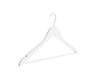 Photo of Empty hanger on white background. Wardrobe accessory