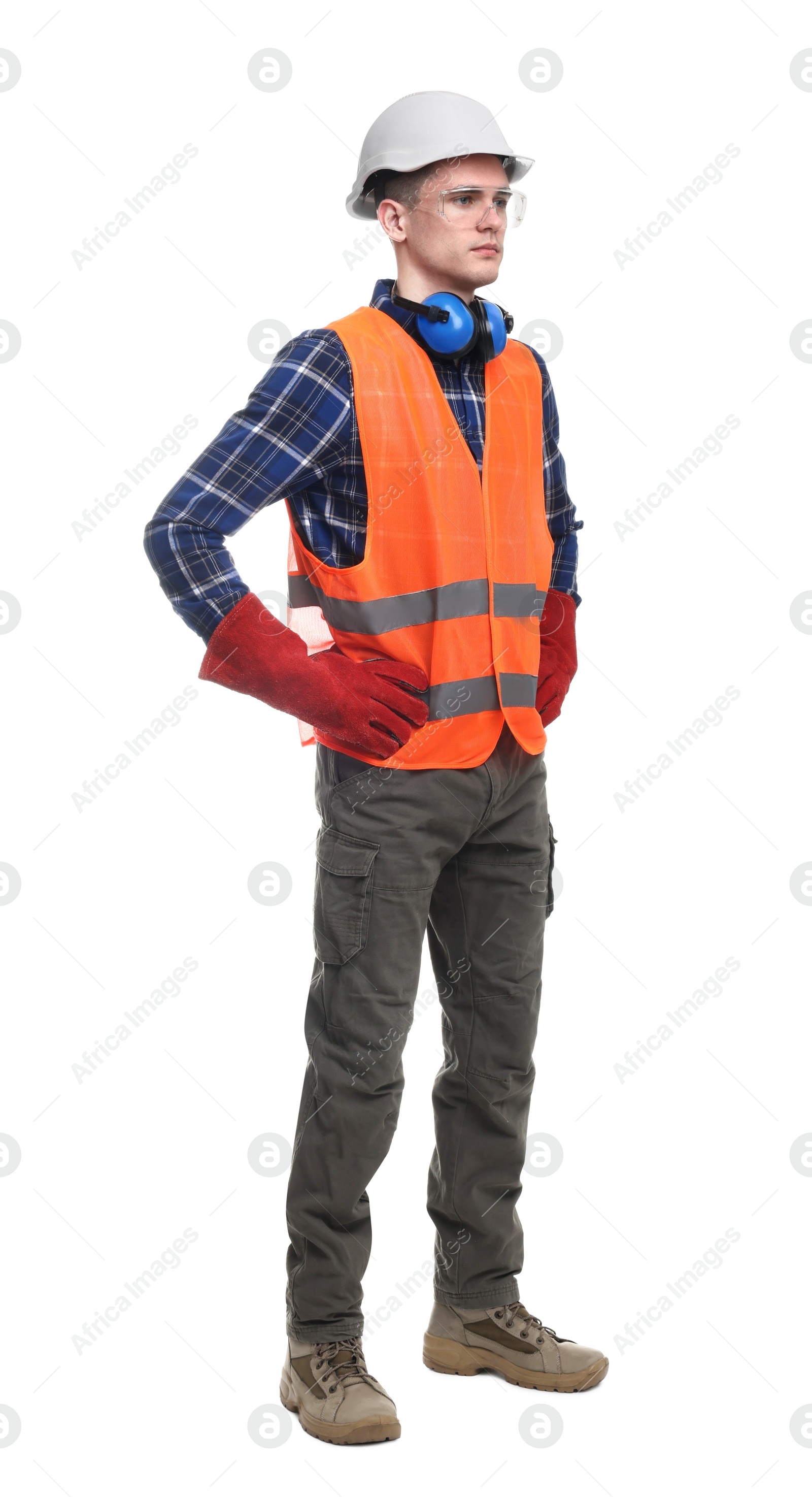 Photo of Young man wearing safety equipment on white background