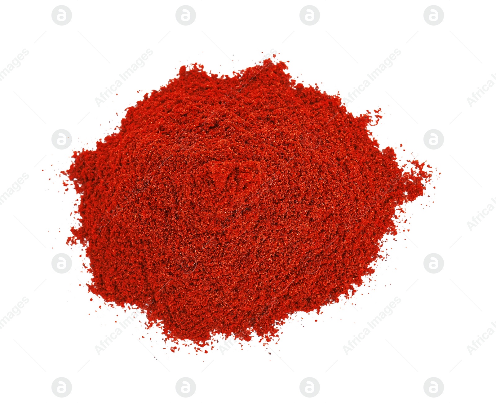 Photo of Heap of aromatic paprika powder isolated on white, top view