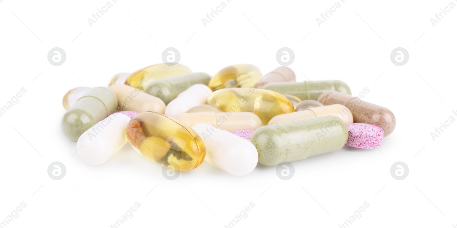 Photo of Many different vitamin pills isolated on white