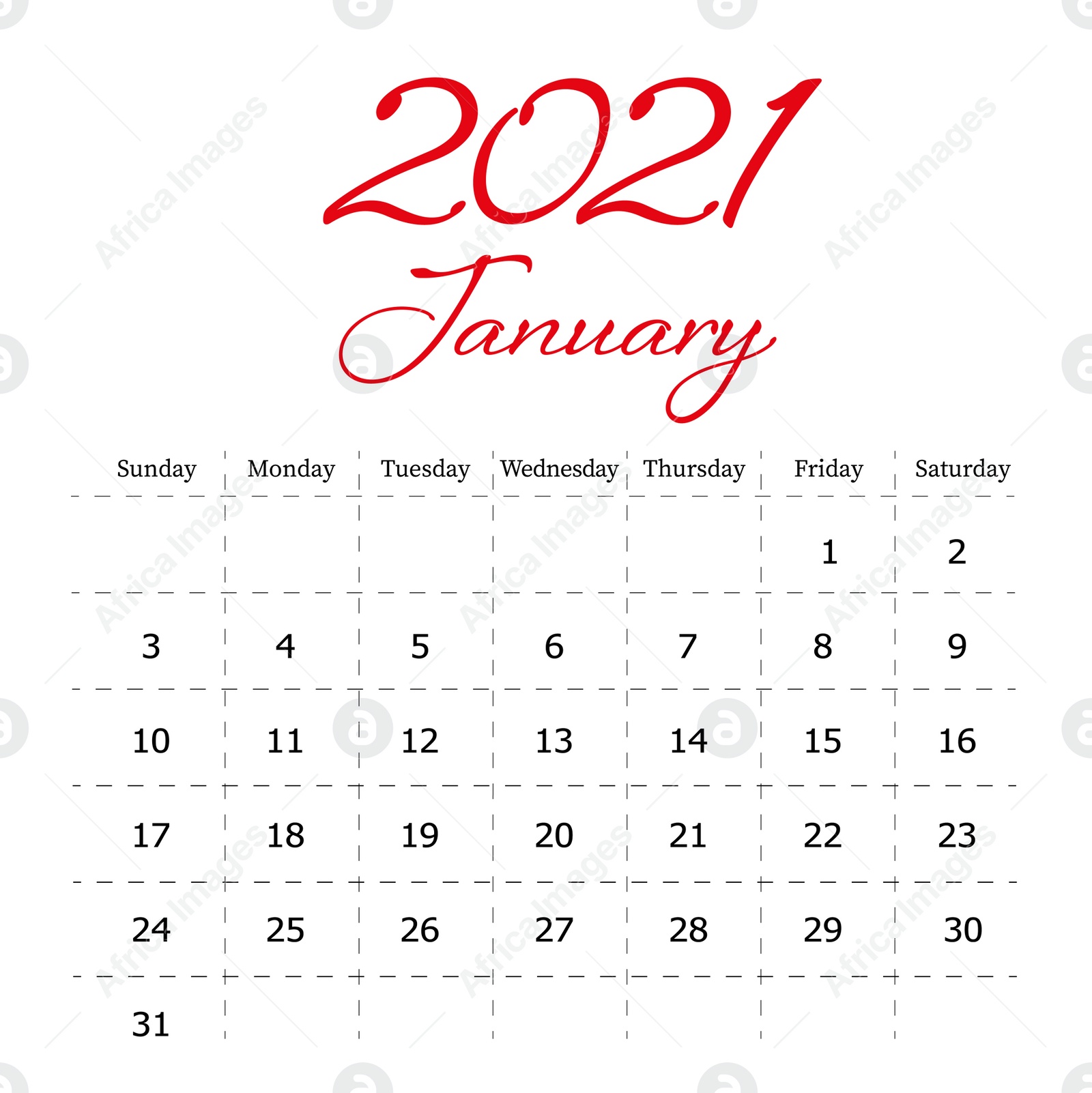 Illustration of 2021 January calendar design on white background