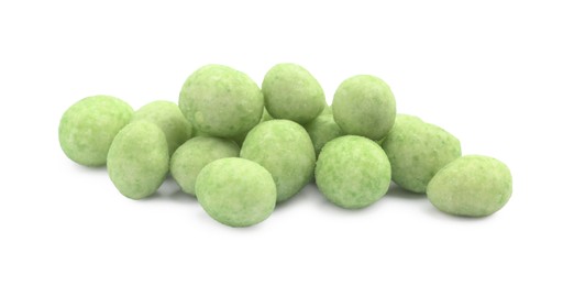 Photo of Pile of wasabi coated peanuts on white background