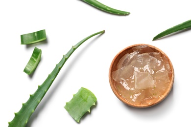 Flat lay composition with aloe vera on white background