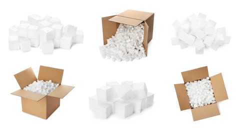 Image of Set with cardboard boxes with styrofoam cubes on white background