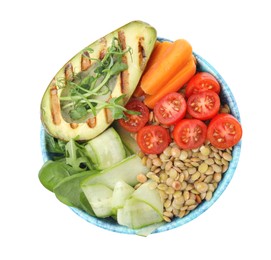 Photo of Delicious lentil bowl with avocado, tomatoes, carrot and cucumber on white background, top view
