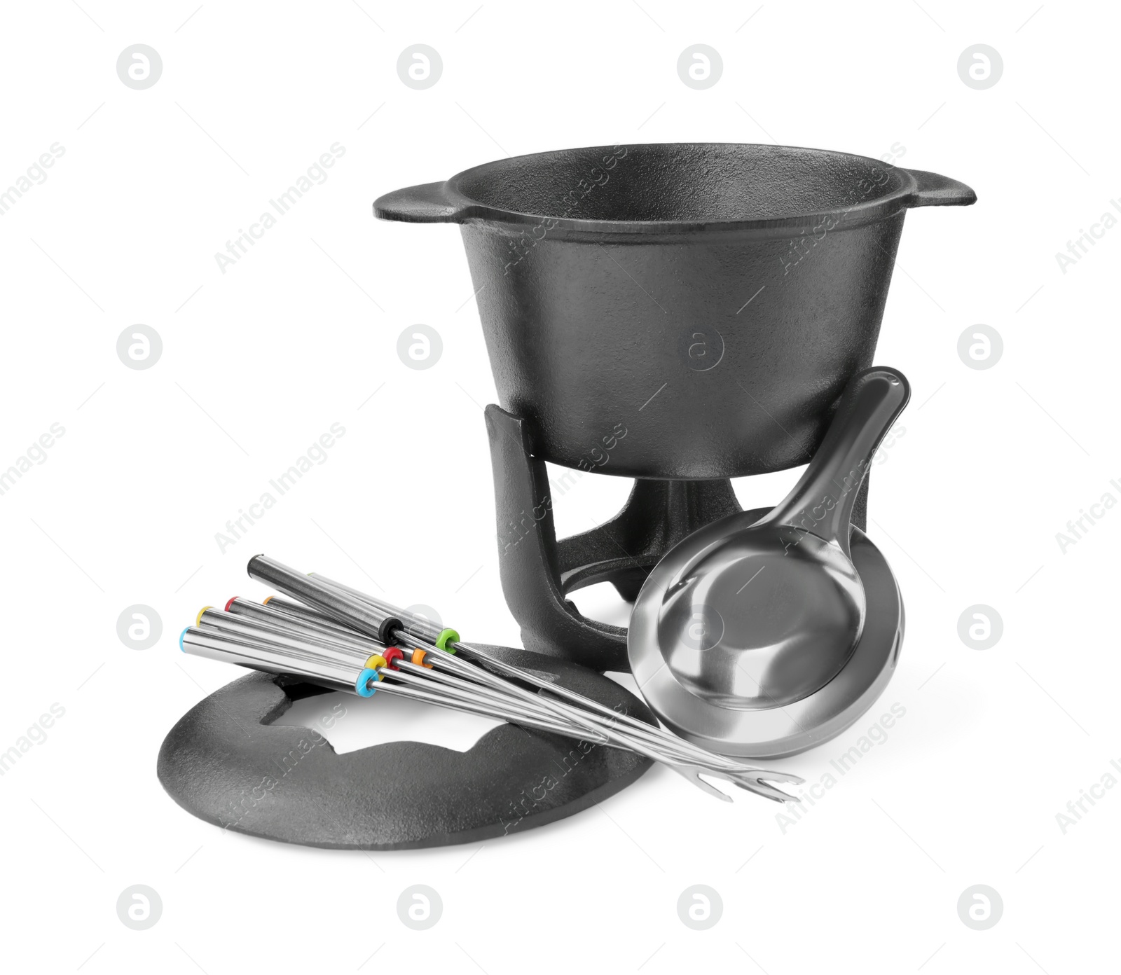 Photo of Fondue set isolated on white. Cooking utensils