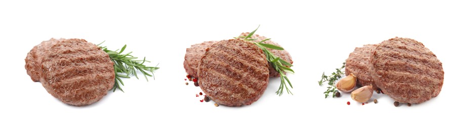 Image of Set with tasty grilled hamburger patties on white background. Banner design