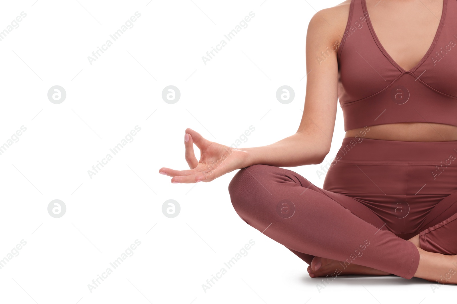 Photo of Woman practicing yoga on white background, closeup. Lotus pose