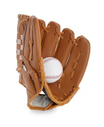 Leather baseball glove with ball on white background