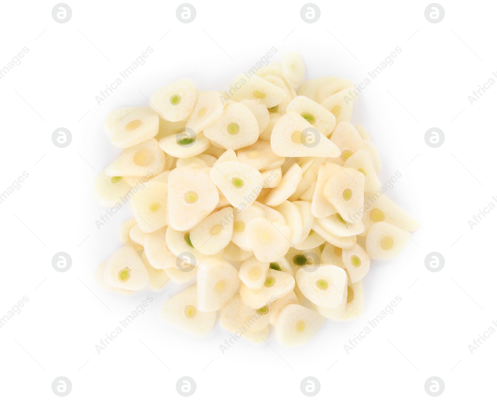 Photo of Pieces of fresh garlic isolated on white, top view