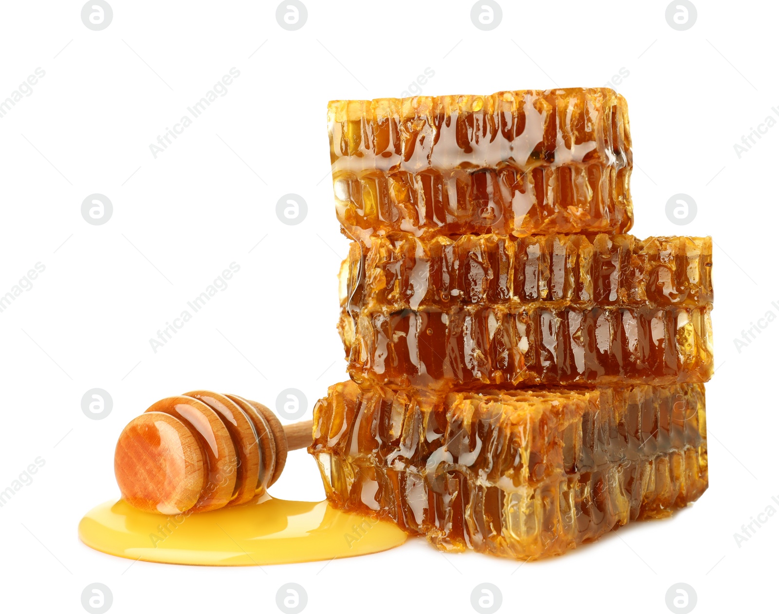 Photo of Composition with fresh honeycombs on white background