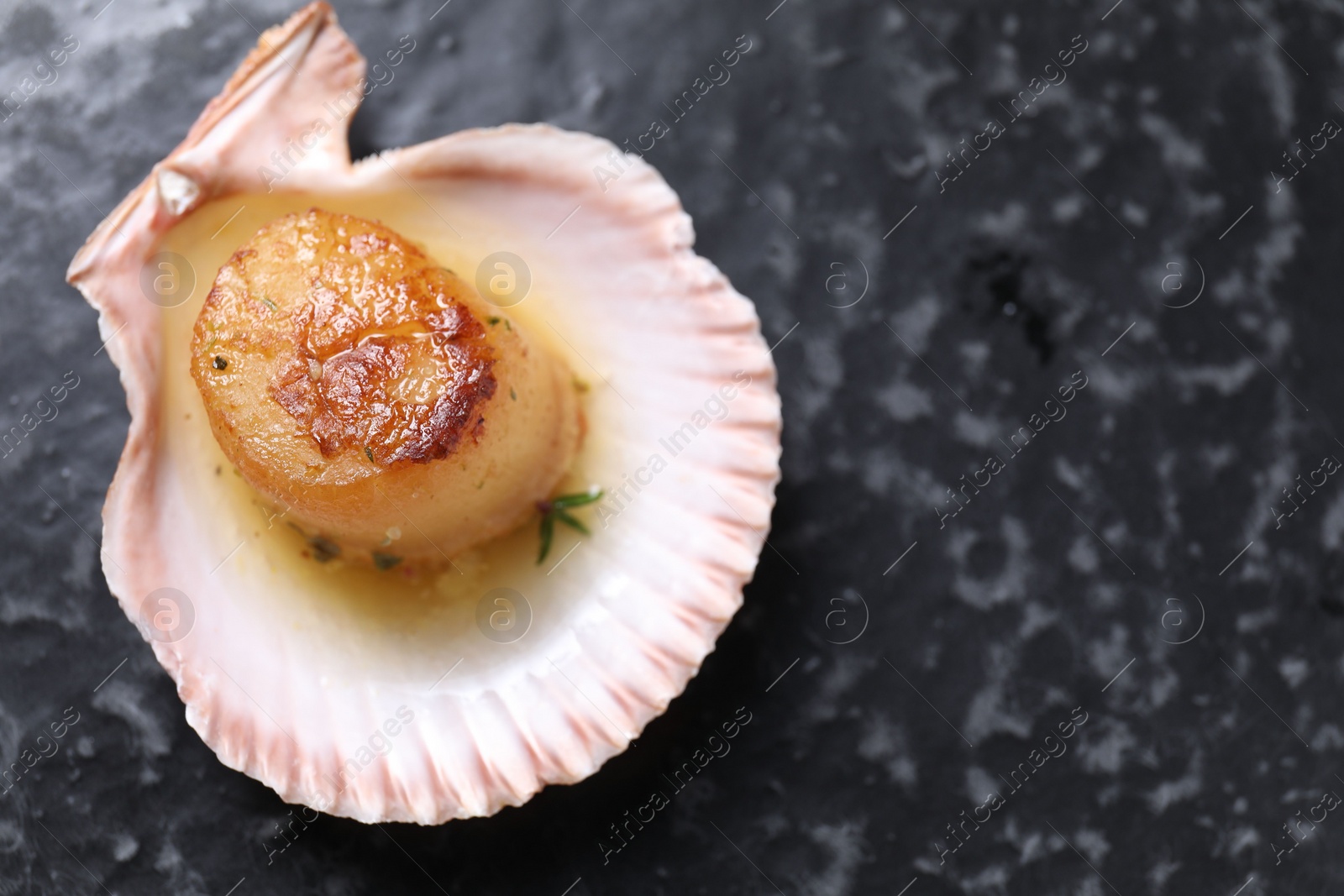 Photo of Delicious fried scallop in shell on black table, top view. Space for text