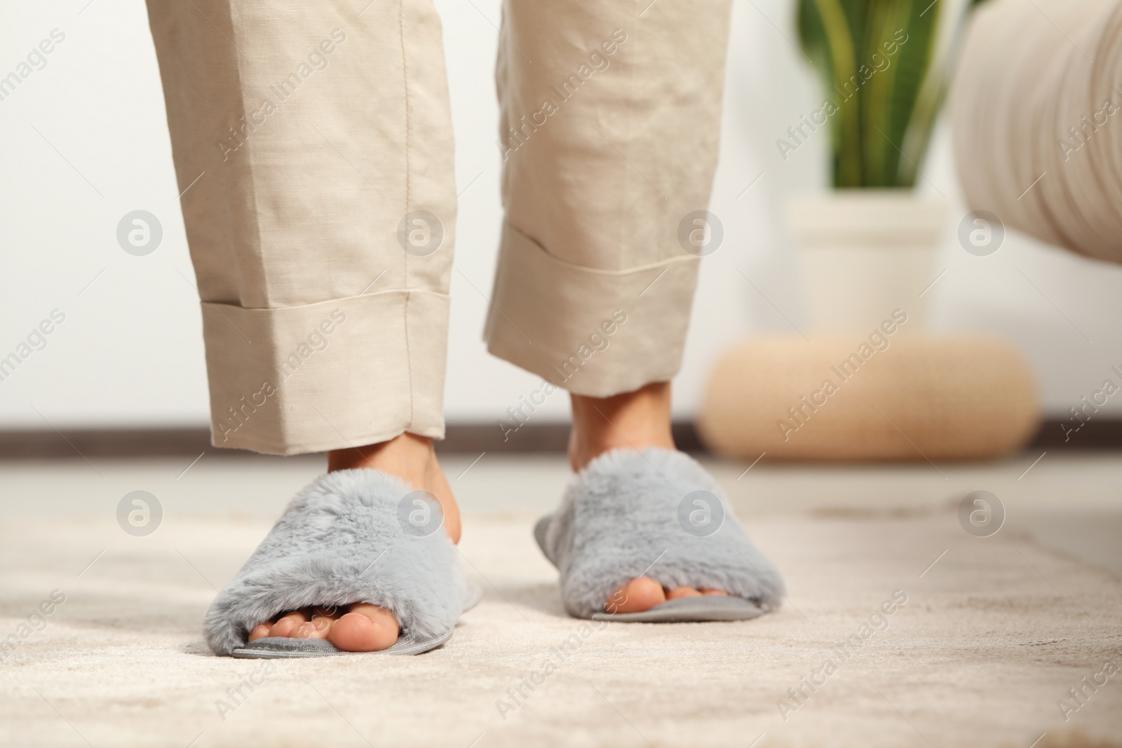 Photo of Woman wearing soft slippers at home, closeup