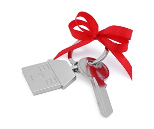 Key with keychain in shape of house and red bow isolated on white